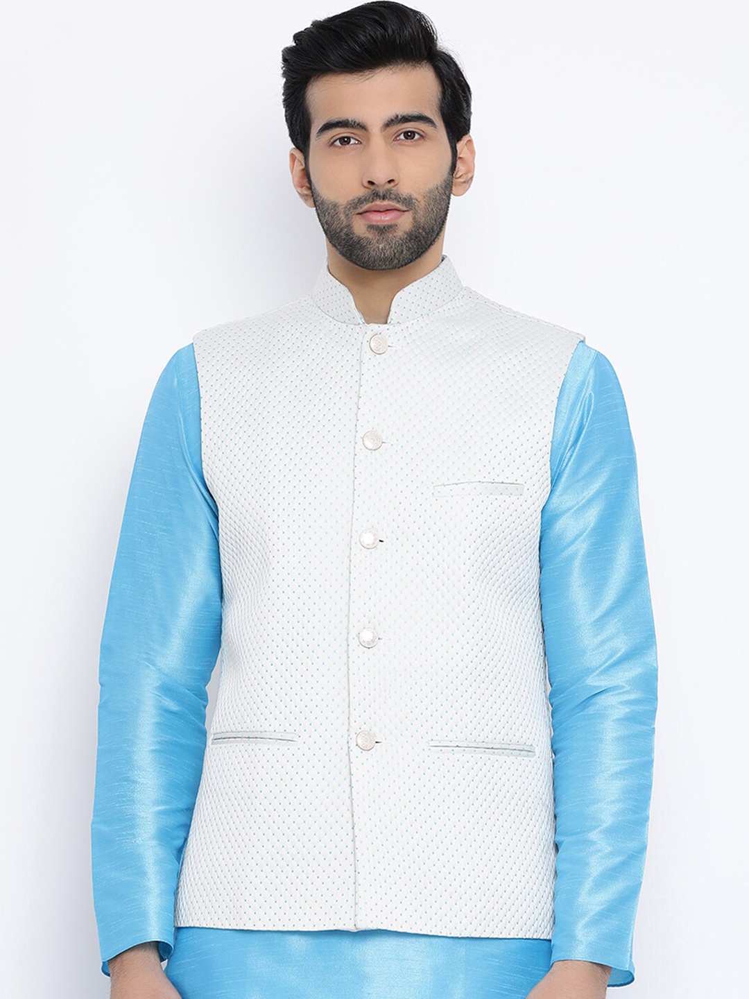 

NAMASKAR Men White & Blue Embroidered Woven Nehru Jacket