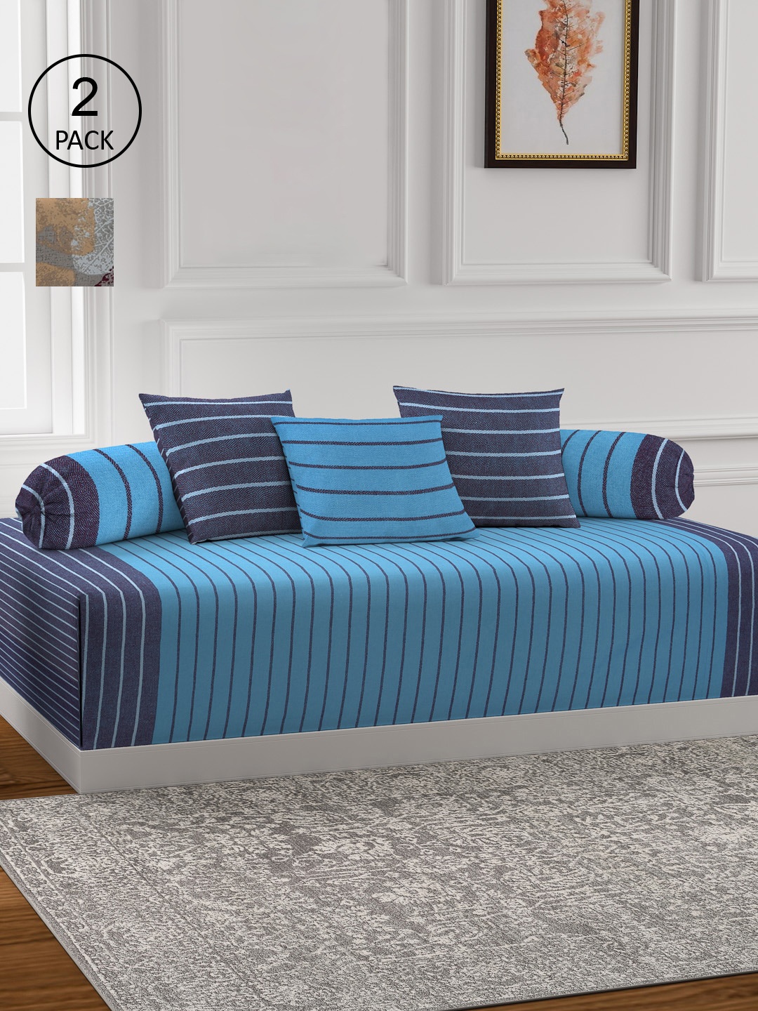 KLOTTHE Set of 2 Blue Printed Cotton Single Bedsheet With 4 Bolster & 6 Cushion Covers