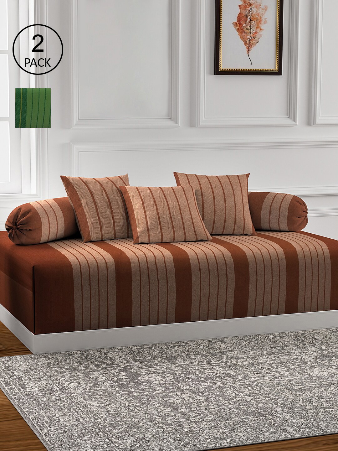 

KLOTTHE Set of 2 Striped Cotton Single Bedsheet With 4 Bolster Covers & 6 Cushion Covers, Green