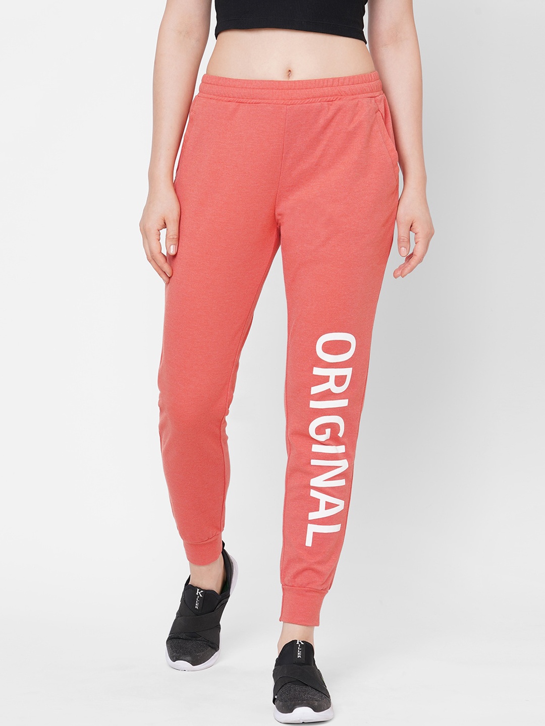 

Mystere Paris Women Coral Pink Solid Cotton Slim-Fit Joggers with Printed Detail