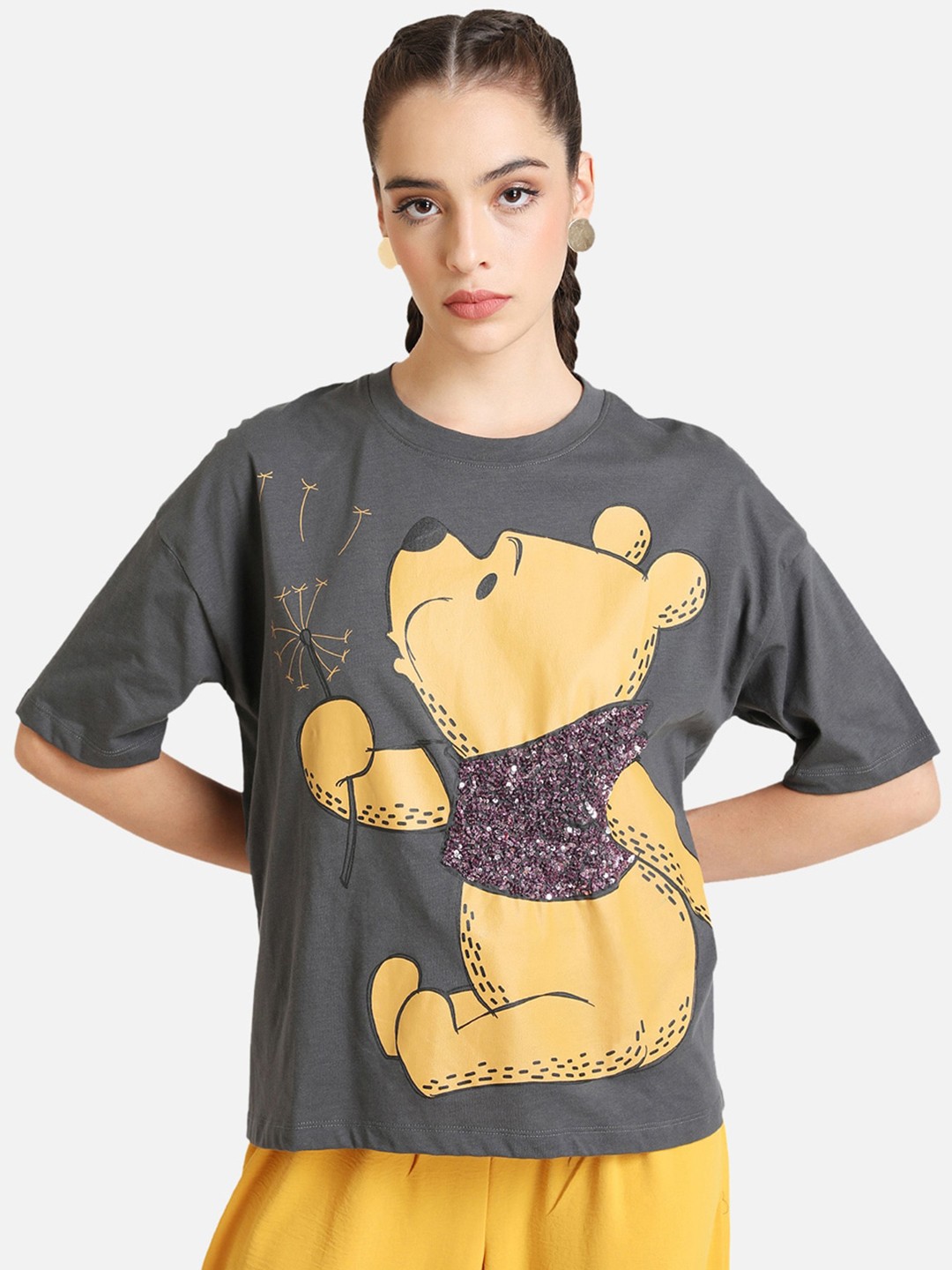 

Kazo Women Grey Winnie The Pooh Printed Round Neck Cotton T-shirt