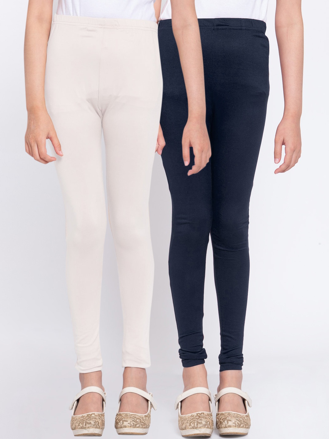 

KLOTTHE Girls Pack Of 2 White & Navy-Blue Solid Ankle-Length Leggings