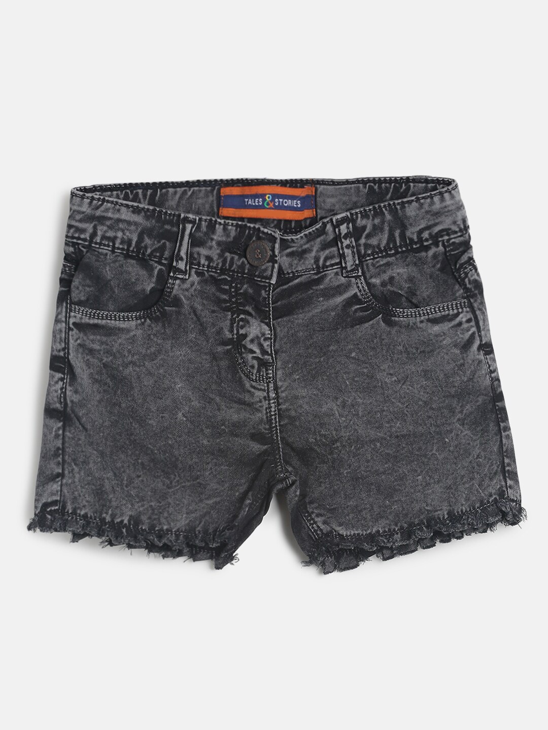 

TALES & STORIES Girls Black Washed Cotton Regular Fit Denim Shorts