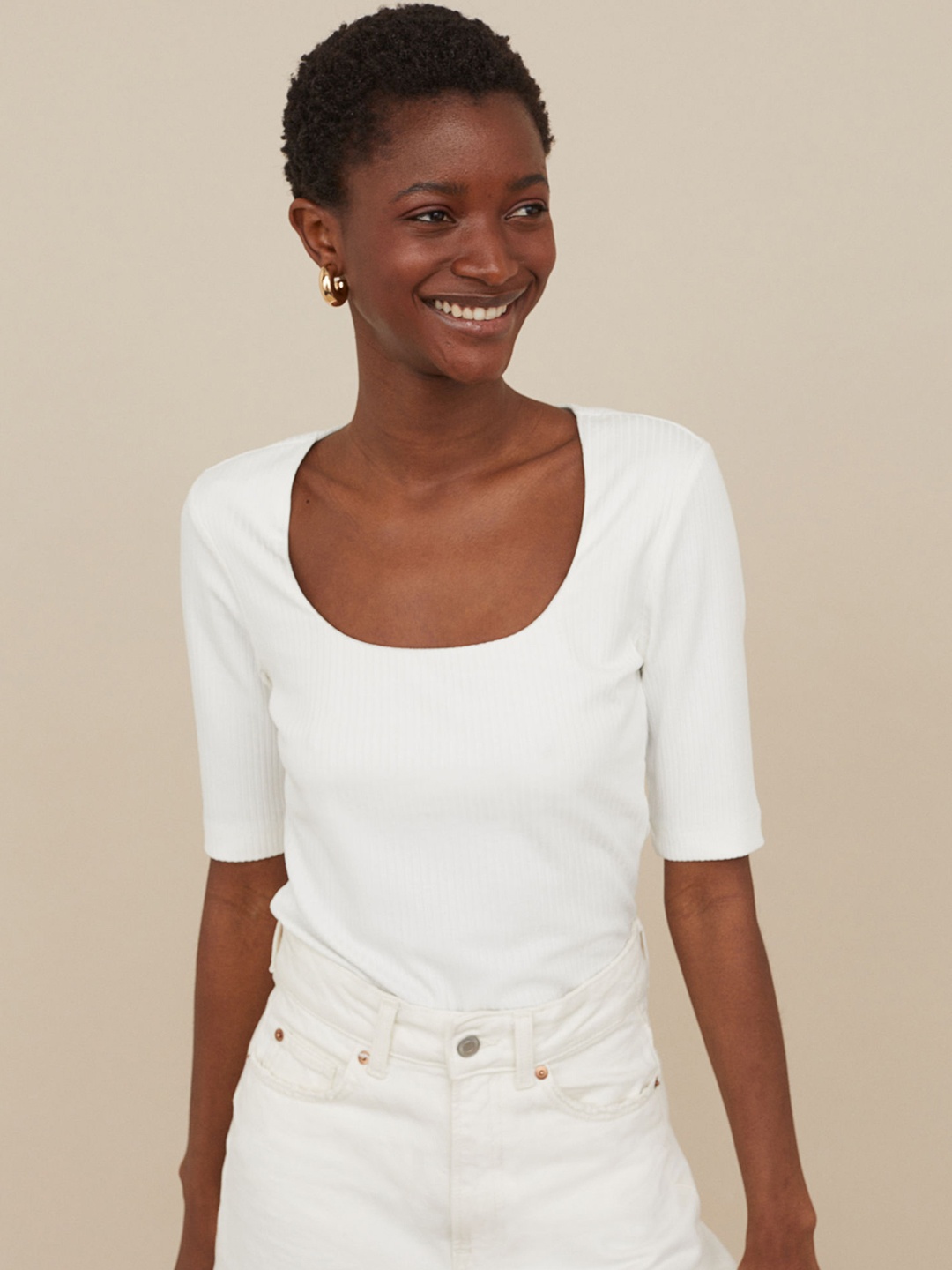 H&M Women White Solid Ribbed Top