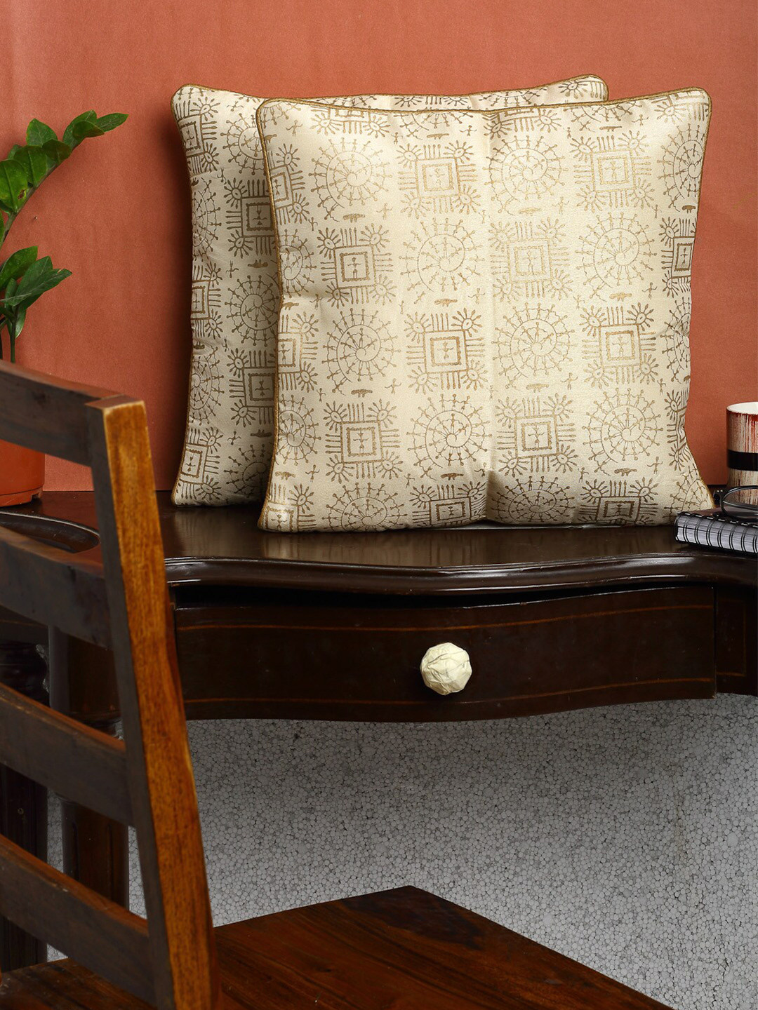 

HOSTA HOMES Cream-Coloured & Gold-Toned Set of 2 Ethnic Motifs Square Cushion Covers