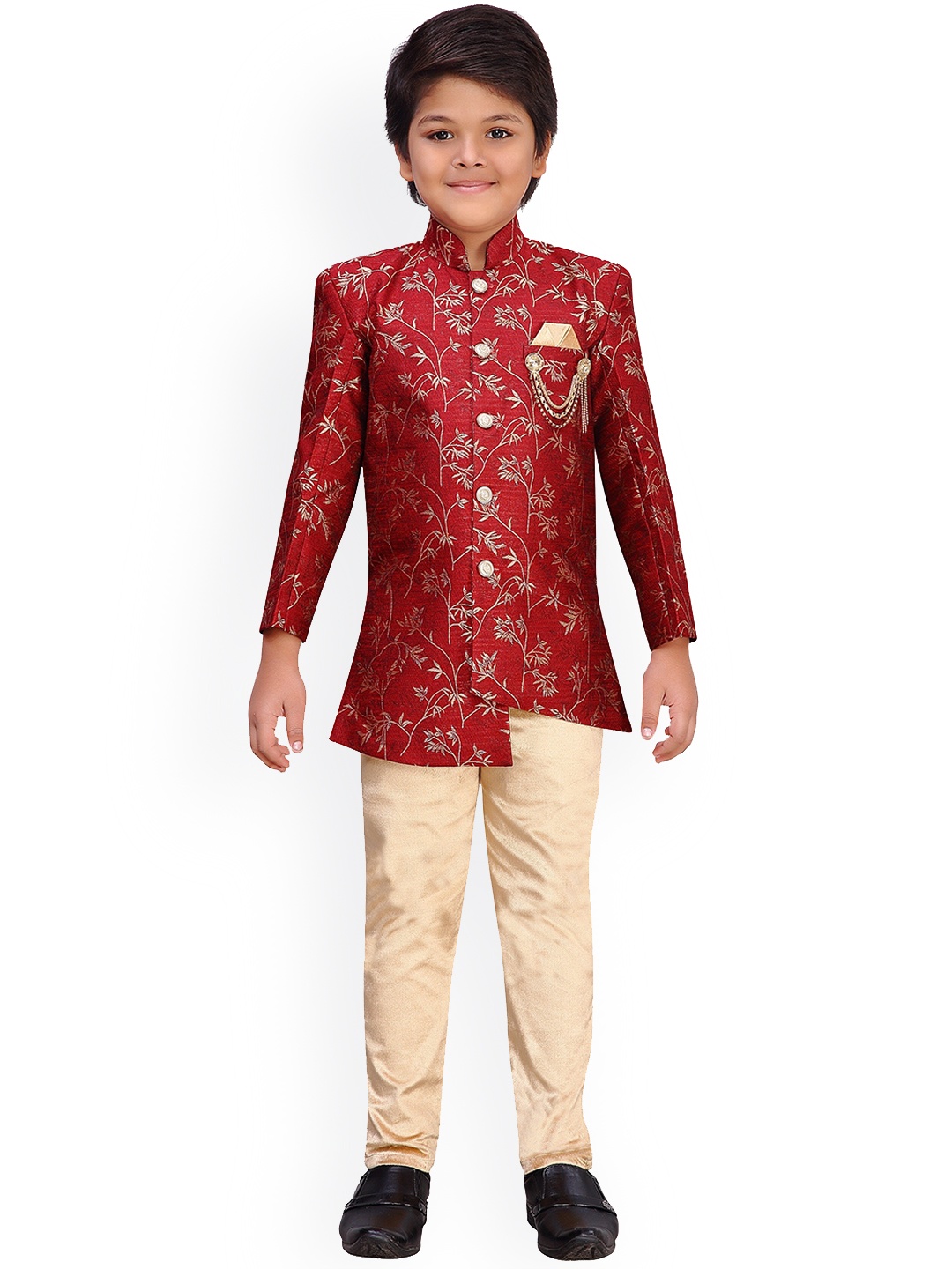 

Aj DEZInES Boys Red & Gold-Coloured Floral Printed Sherwani Set