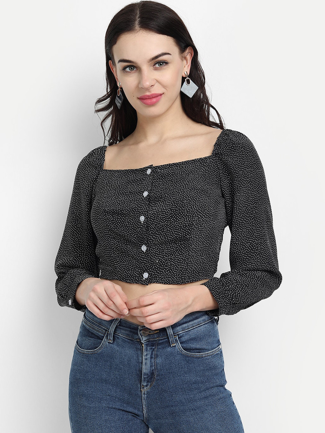 

IX IMPRESSION Black & White Polka Dot Printed Regular Crop Top