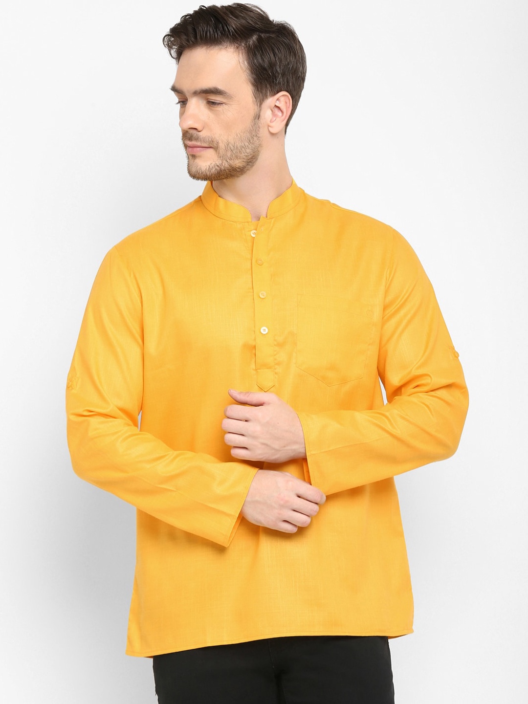 

hangup trend Men Mustard Solid Short Kurta