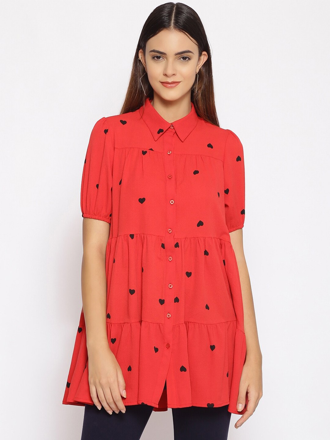 

Oxolloxo Women's Red & Black Little Hearts Printed Tunic