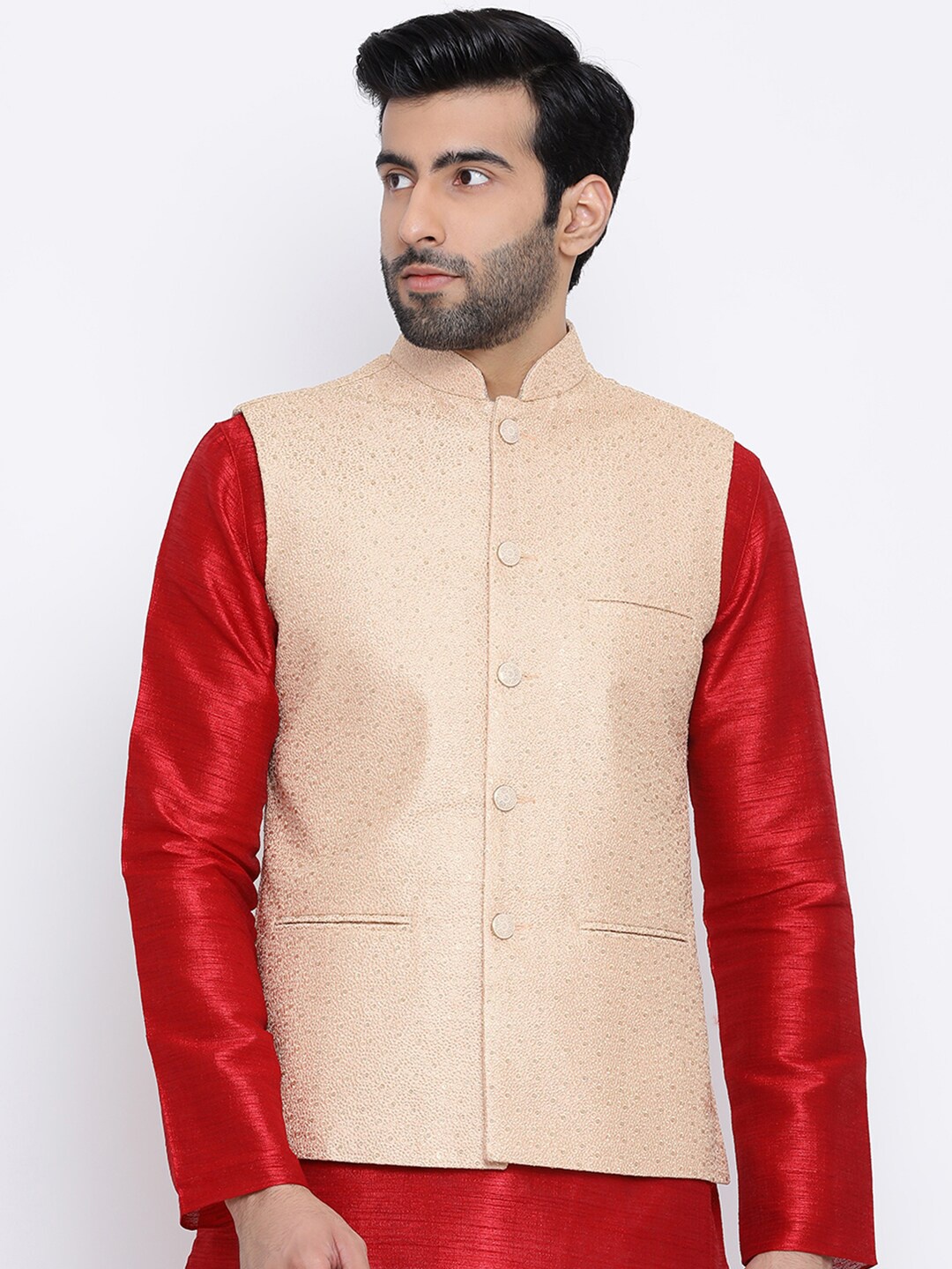 

NAMASKAR Men Peach-Coloured Woven Design Regular Fit Pure Silk Nehru Jacket