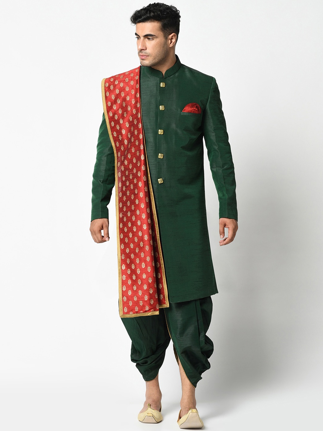 

DEYANN Men Green Woven Design Dupion Silk Sherwani with Dhoti Pants & Dupatta