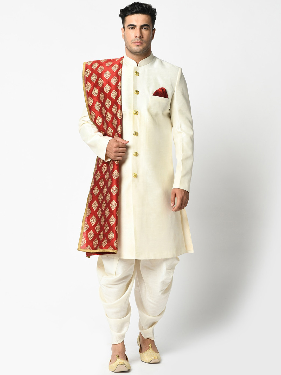 

DEYANN Men Off White Woven Design Dupion Silk Sherwani with Dhoti Pants & Dupatta