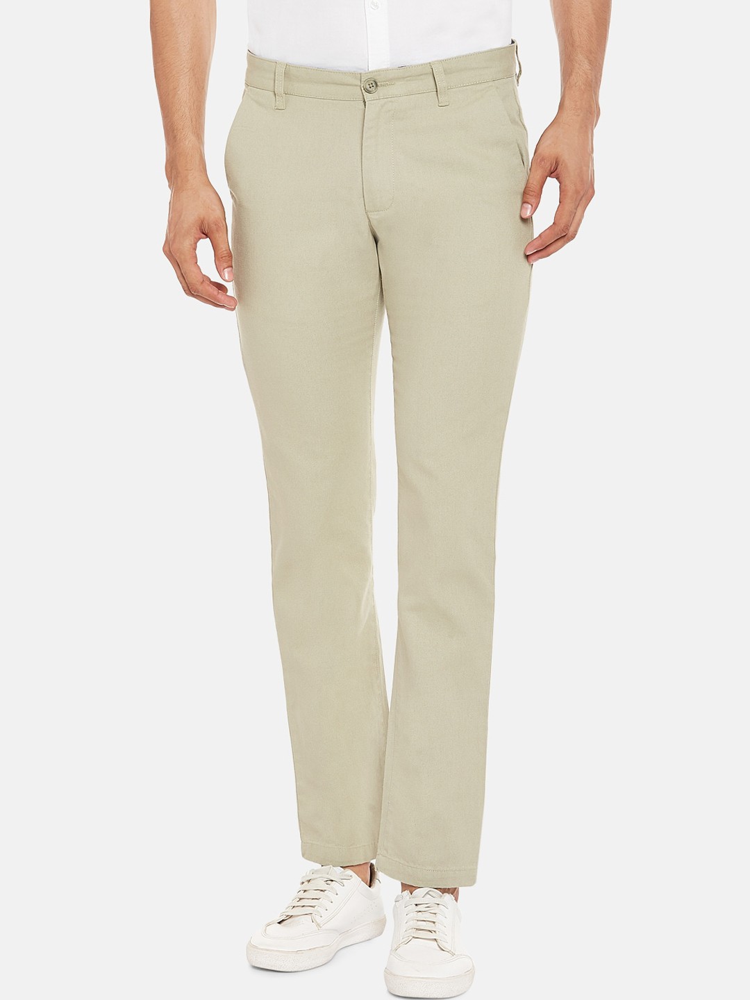 

BYFORD by Pantaloons Men Green Cotton Slim Fit Solid Regular Trousers