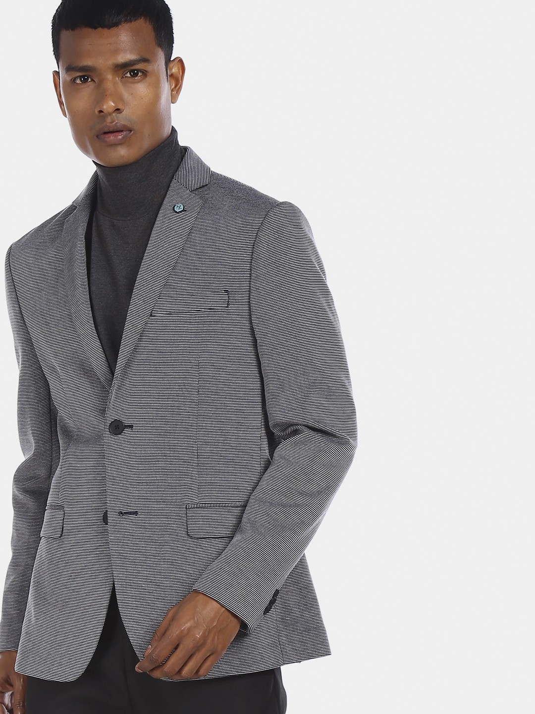 

Arrow Men Navy Blue & Grey Self Striped Single Breasted Blazer