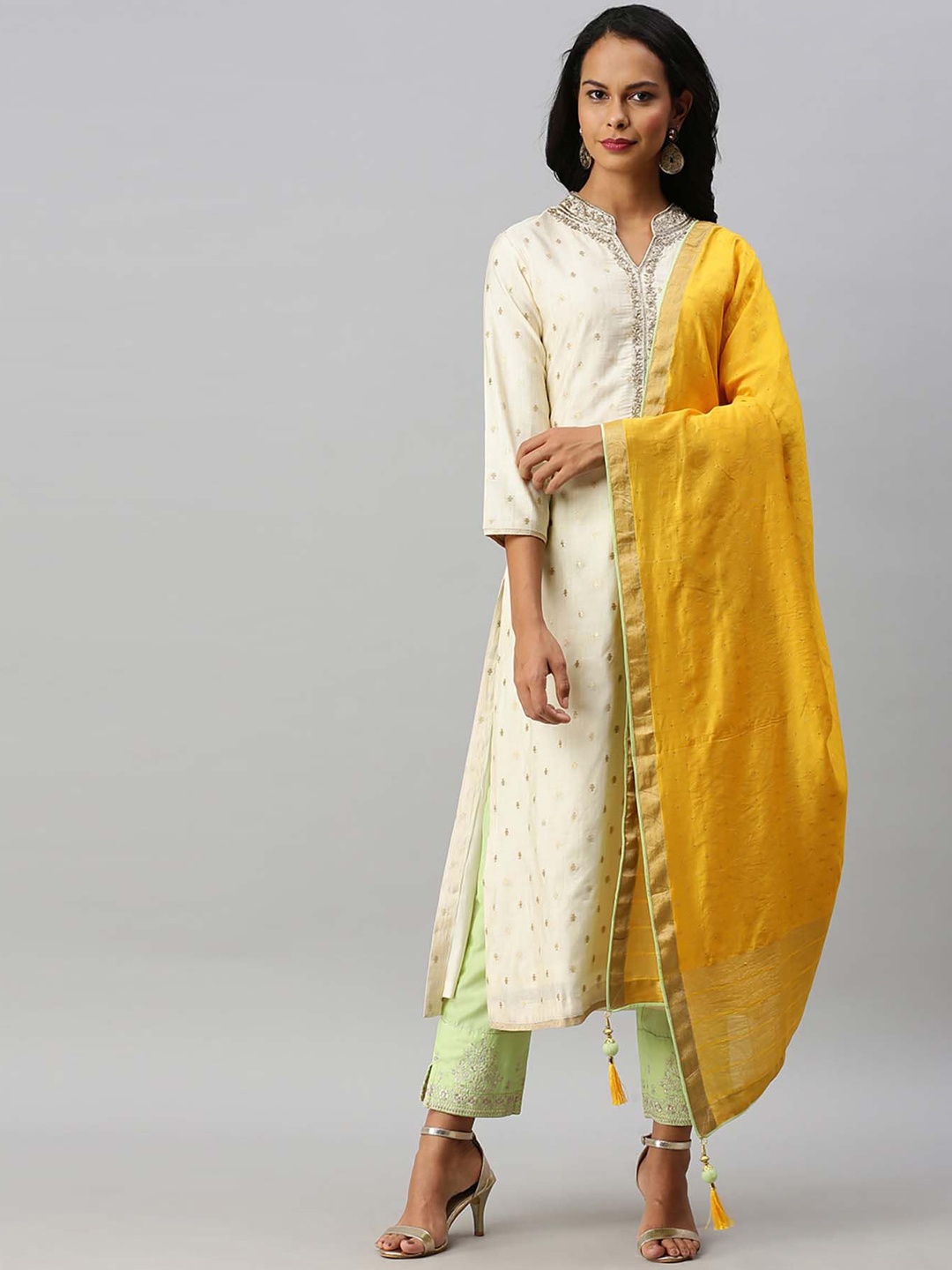 

Soch Women Off-White & Green Woven Design Kurta with Trousers & Dupatta