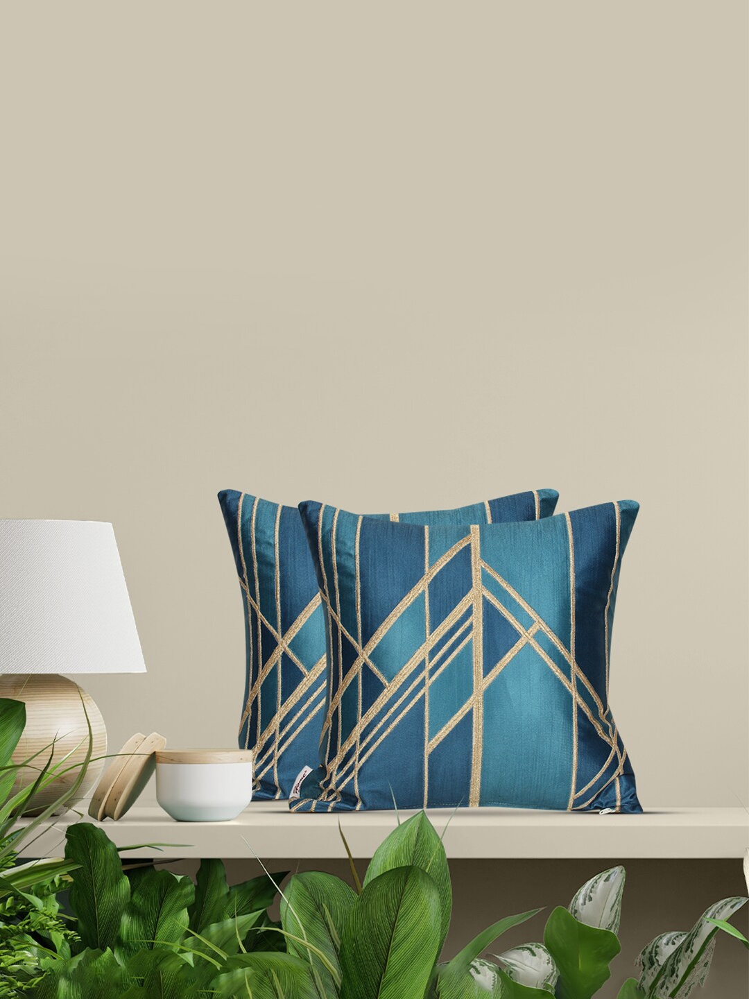 Home Blue & Gold-Toned Set of 2 Geometric Square Cushion Covers