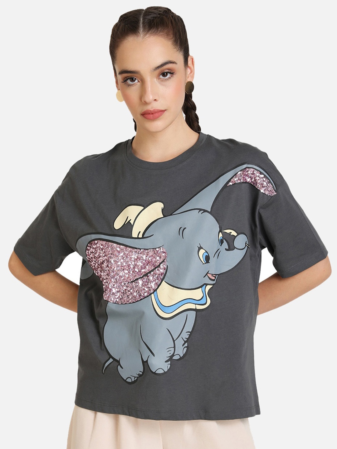 

Kazo Women Grey Dumbo Printed Round Neck Sequinned Cotton T-shirt