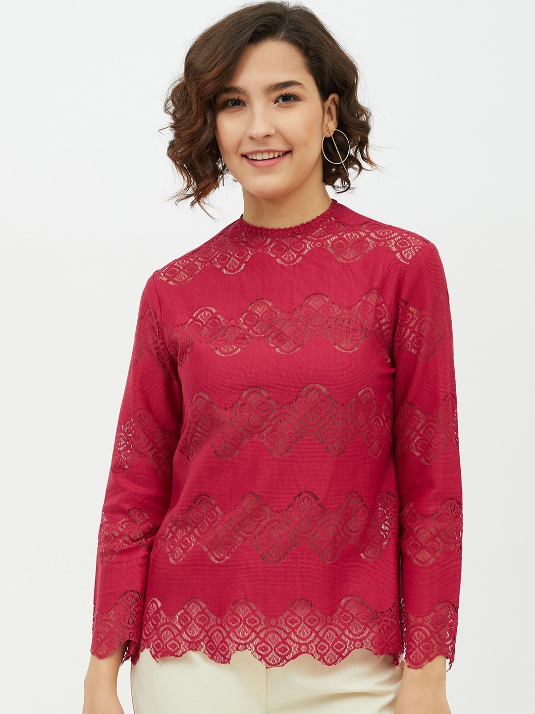

StyleStone Maroon Lace Regular Top
