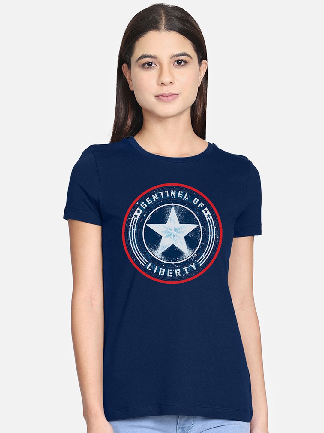 

Free Authority Women Navy Blue Captain America Printed Round Neck T-shirt