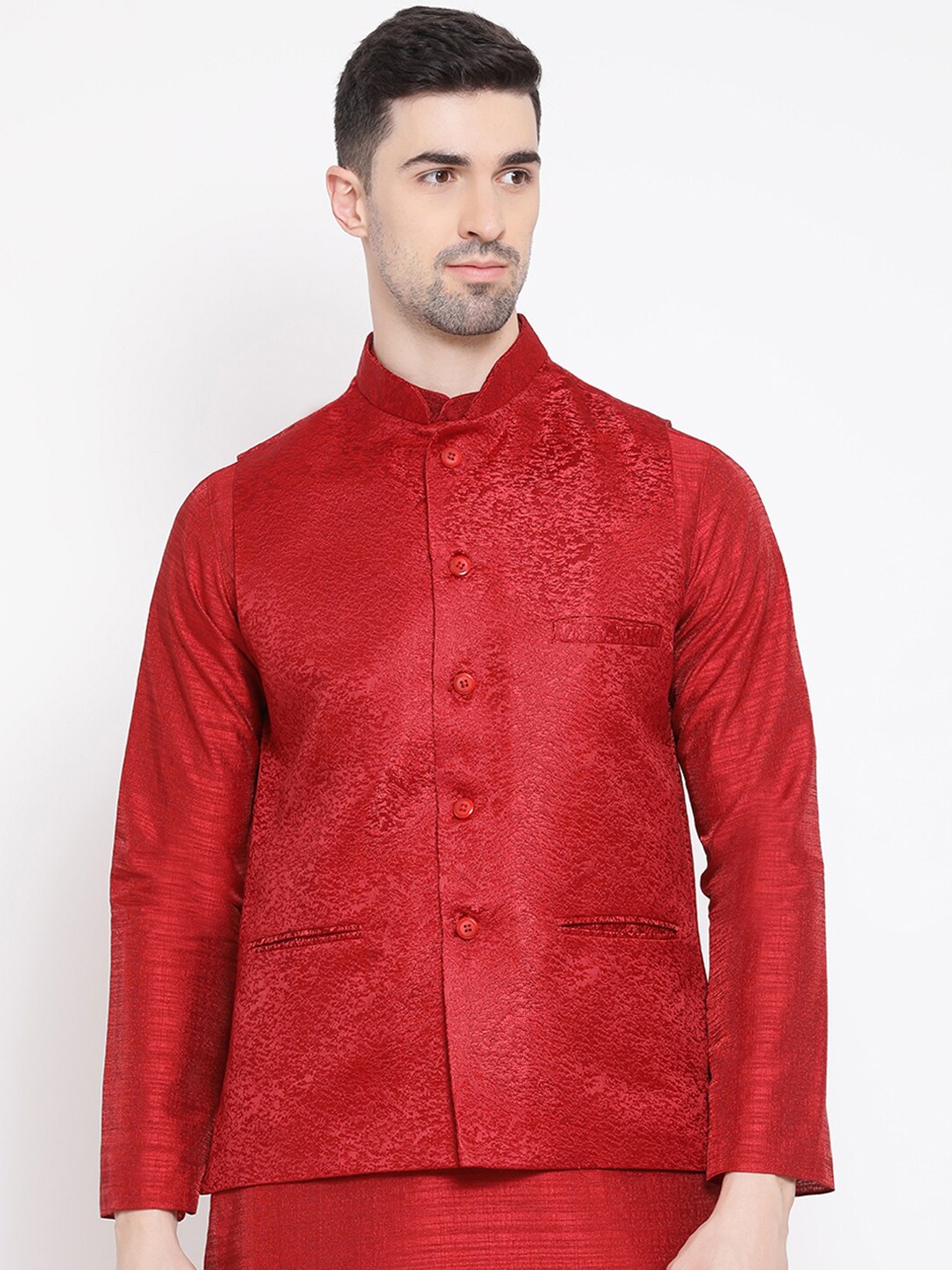 

NAMASKAR Men Red Woven Design Regular-Fit Nehru Jacket
