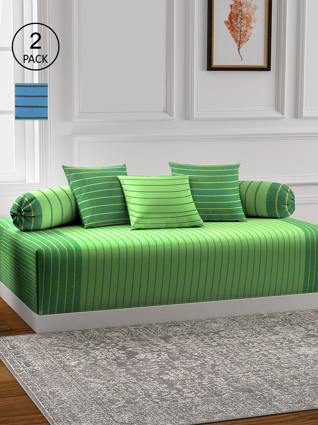 

KLOTTHE Set Of 2 Woven Design Cotton Single Bedsheet With 4 Bolster & 6 Cushion Covers, Green