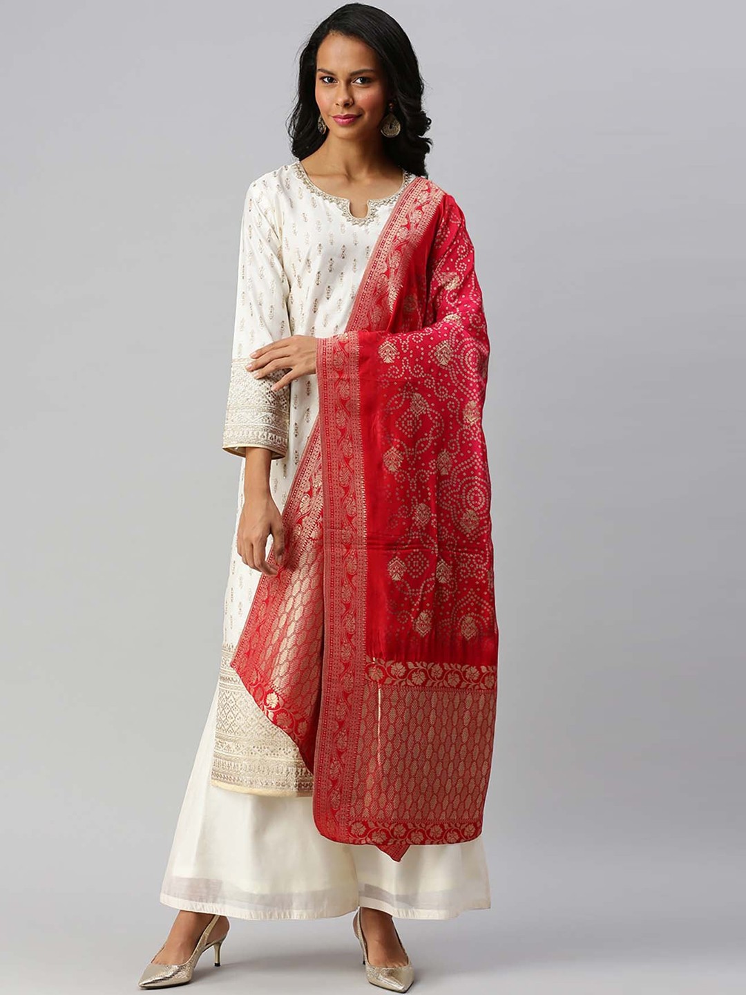 

Soch Women Off-White & Maroon Embroidered Kurta with Palazzos & Dupatta