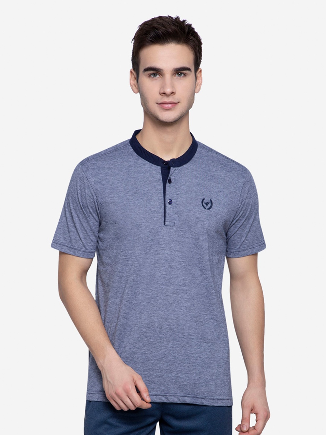 

NEVA Men Blue Pure Cotton Solid Mandarin Collar T-shirt