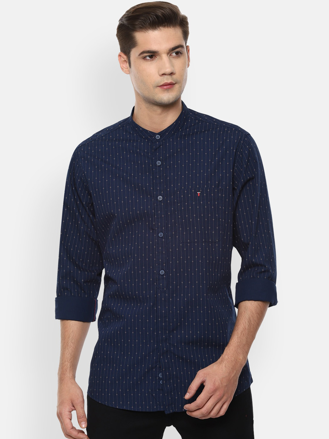

Louis Philippe Jeans Men Navy Blue & Grey Slim Fit Striped Casual Shirt