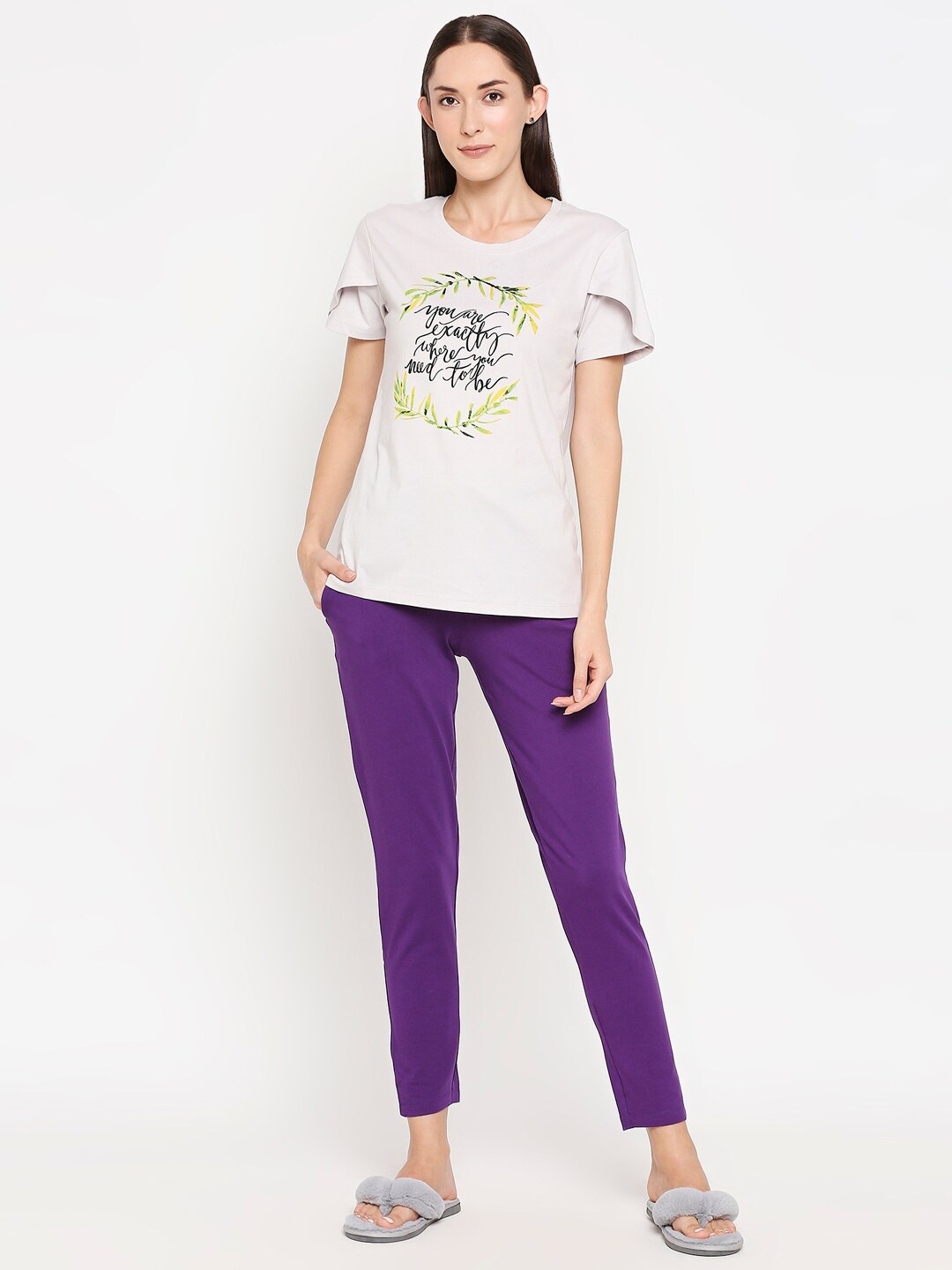

XIN Women Grey & Purple Printed Night suit