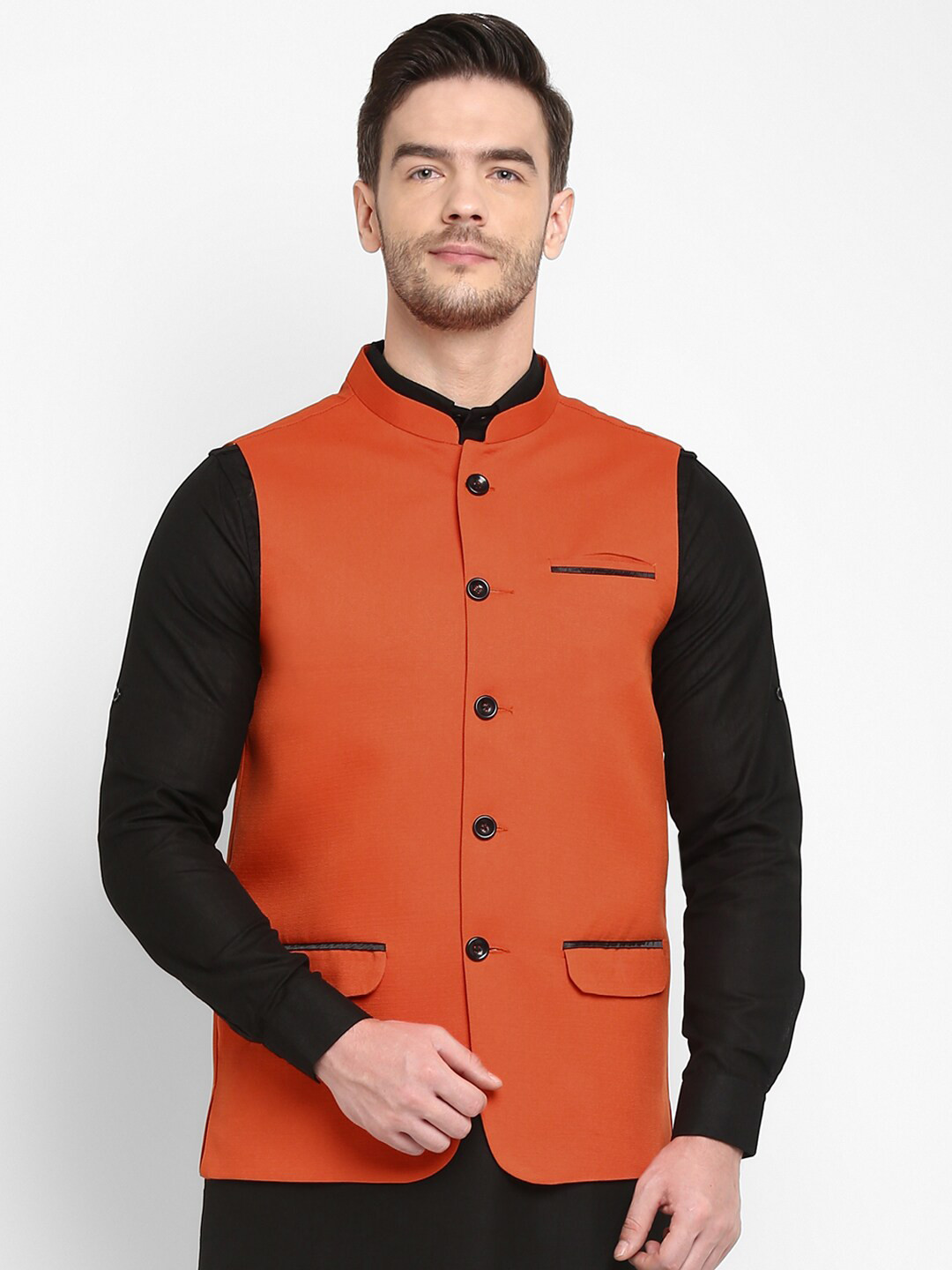 

hangup trend Men Orange Solid Woven Jute Nehru Jacket