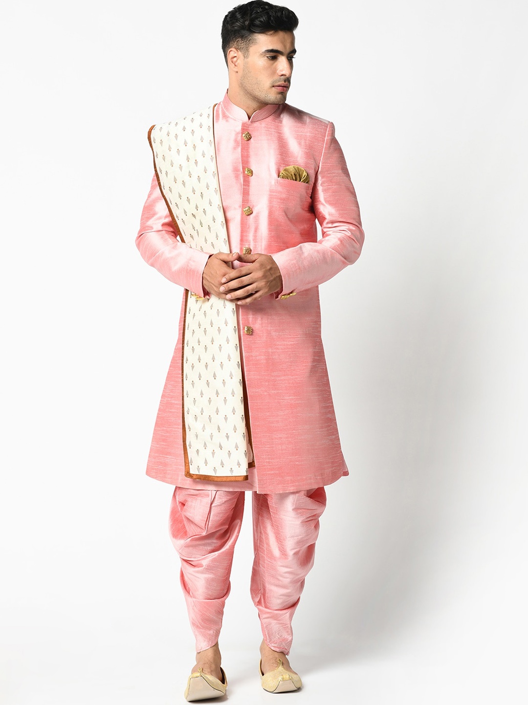 

DEYANN Men Pink Woven Design Dupion Silk Sherwani with Dhoti Pants & Dupatta