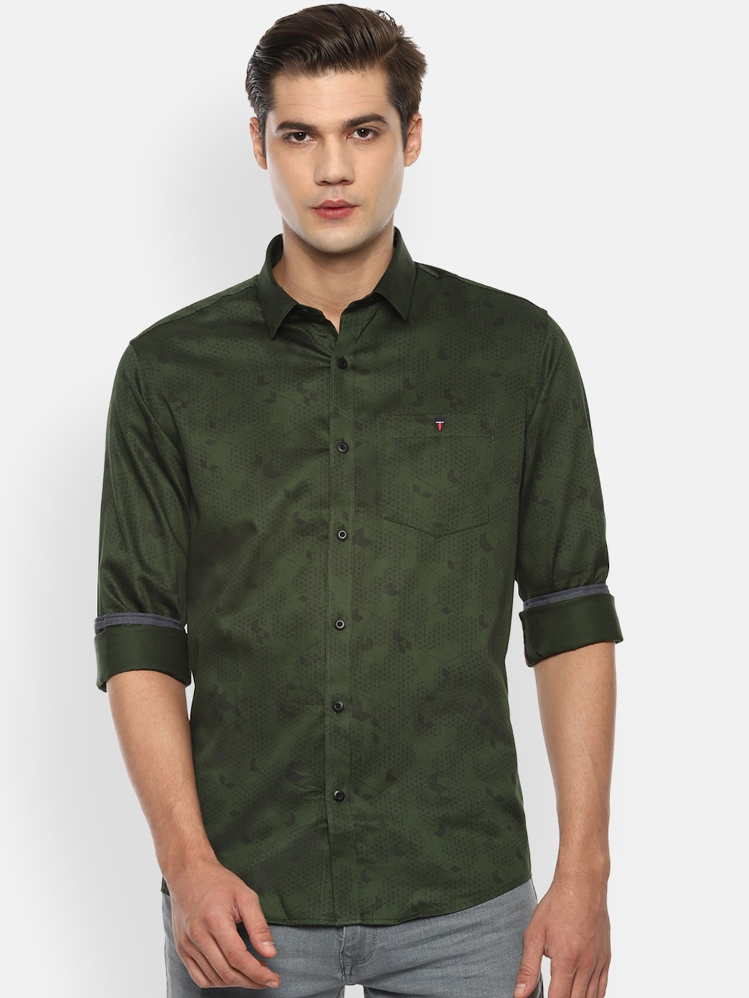 

Louis Philippe Jeans Men Olive Green & Black Slim Fit Printed Casual Shirt