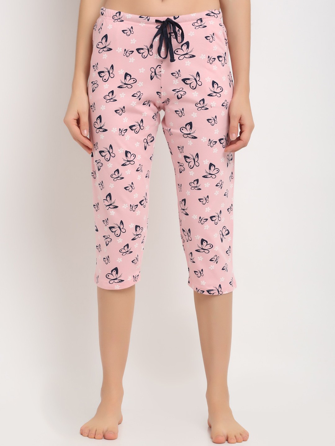 

Kanvin Women Pink & Navy Blue Printed Pure Cotton Lounge Capris