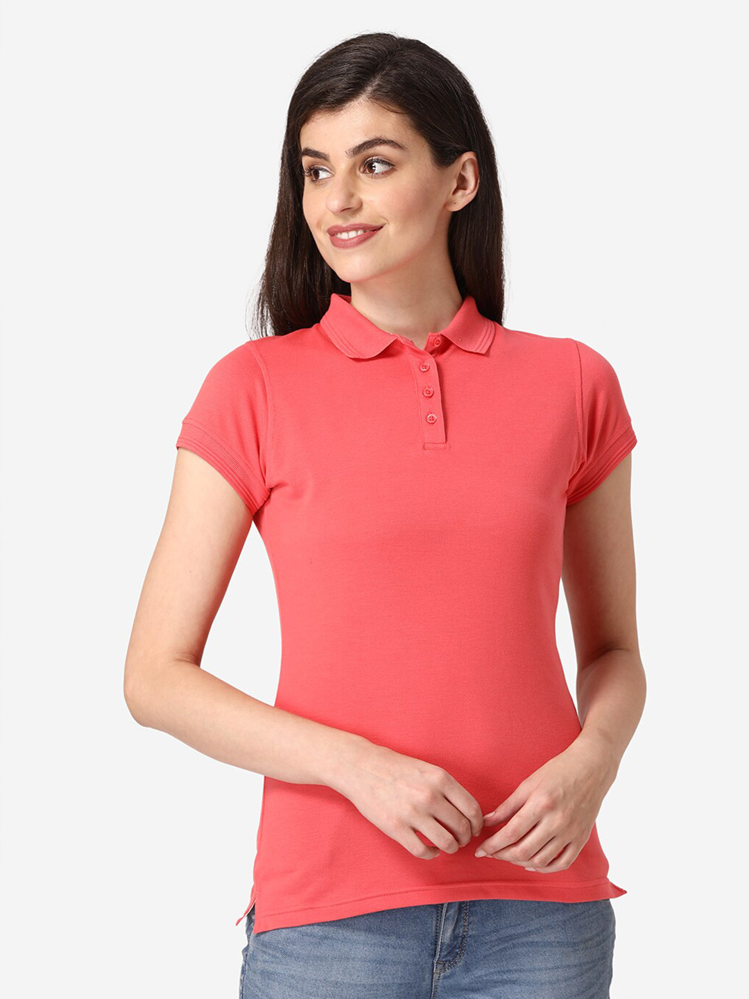 

Vami Women Coral Pink Solid Polo Collar T-shirt