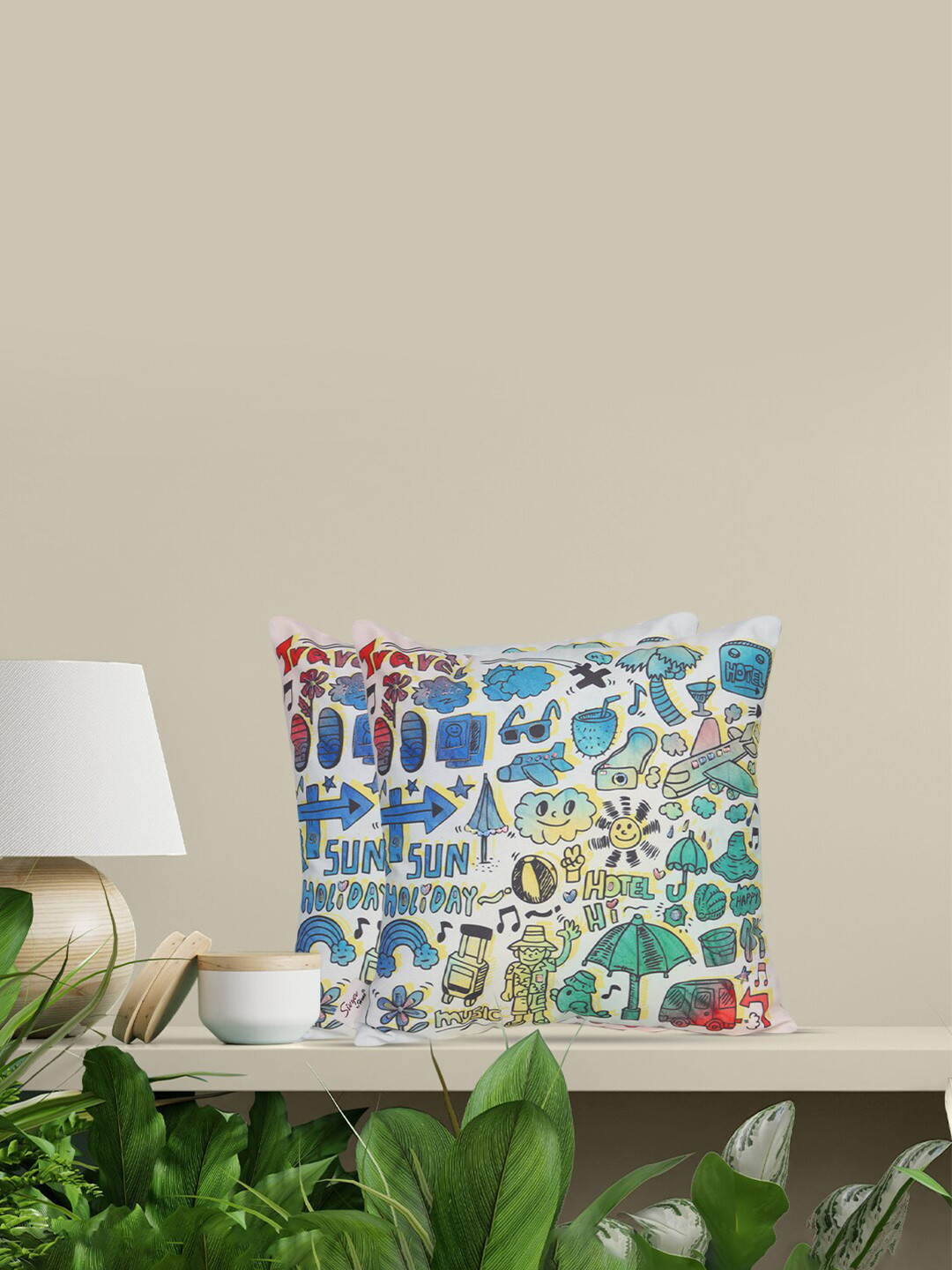 

Sivya White & Blue Set of 2 Quirky Square Cushion Covers