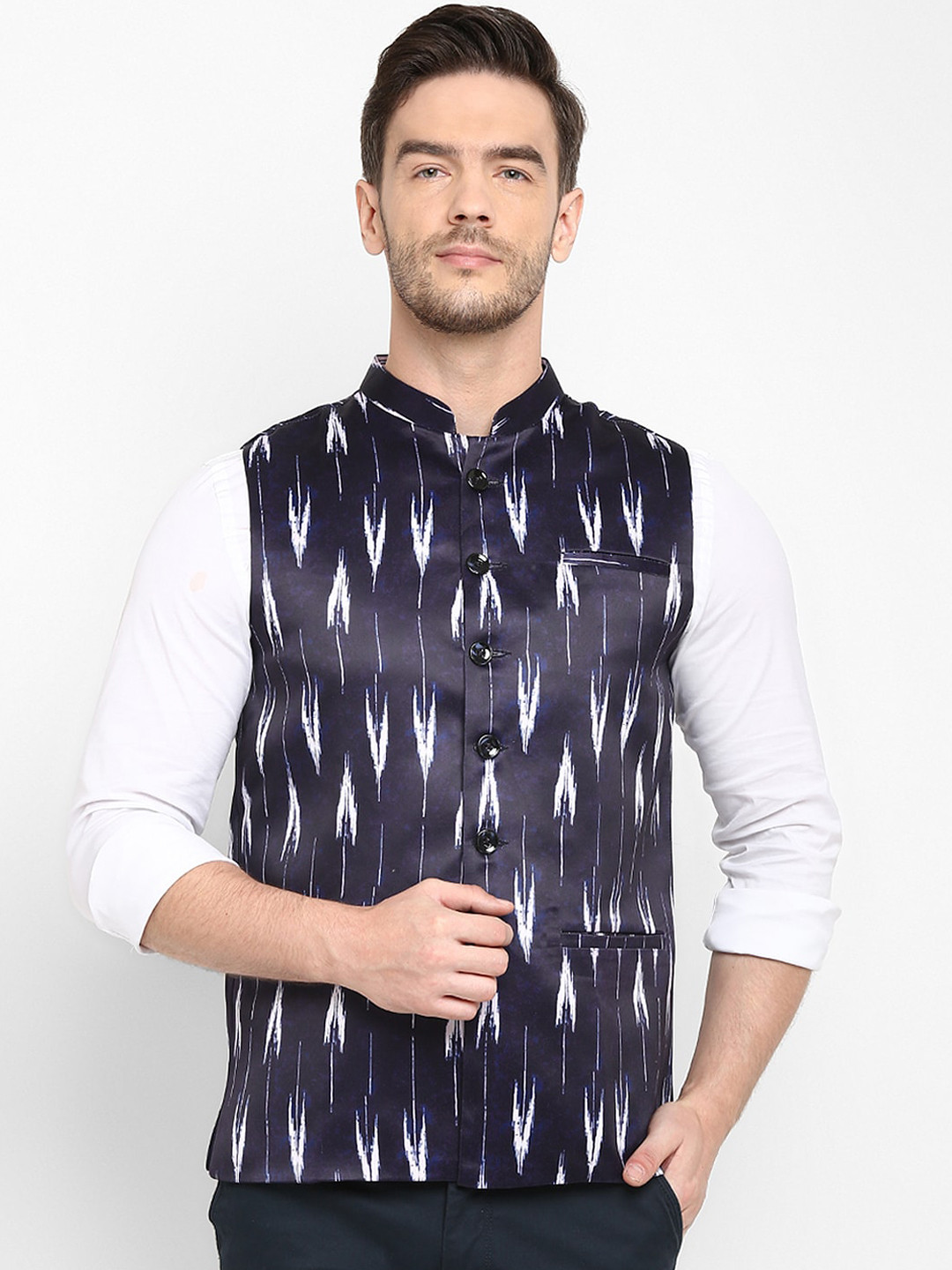 

hangup trend Men Navy Blue & White Printed Woven Nehru Jacket