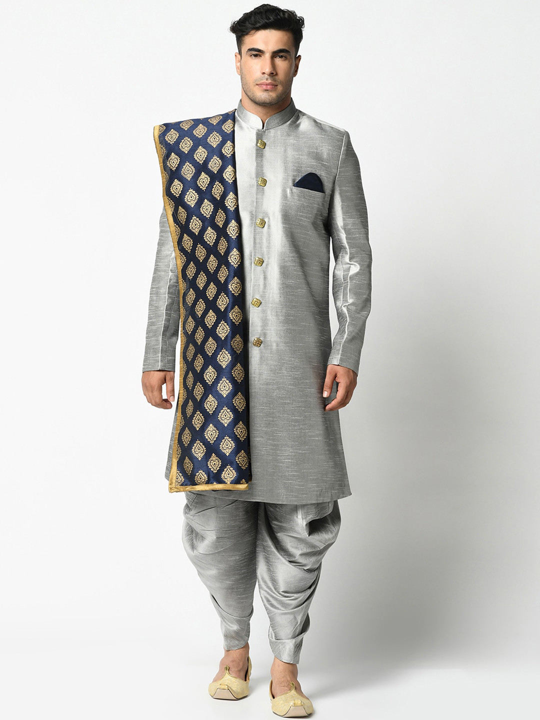 

DEYANN Men Silver Woven Design Dupion Silk Sherwani with Dhoti Pants & Dupatta