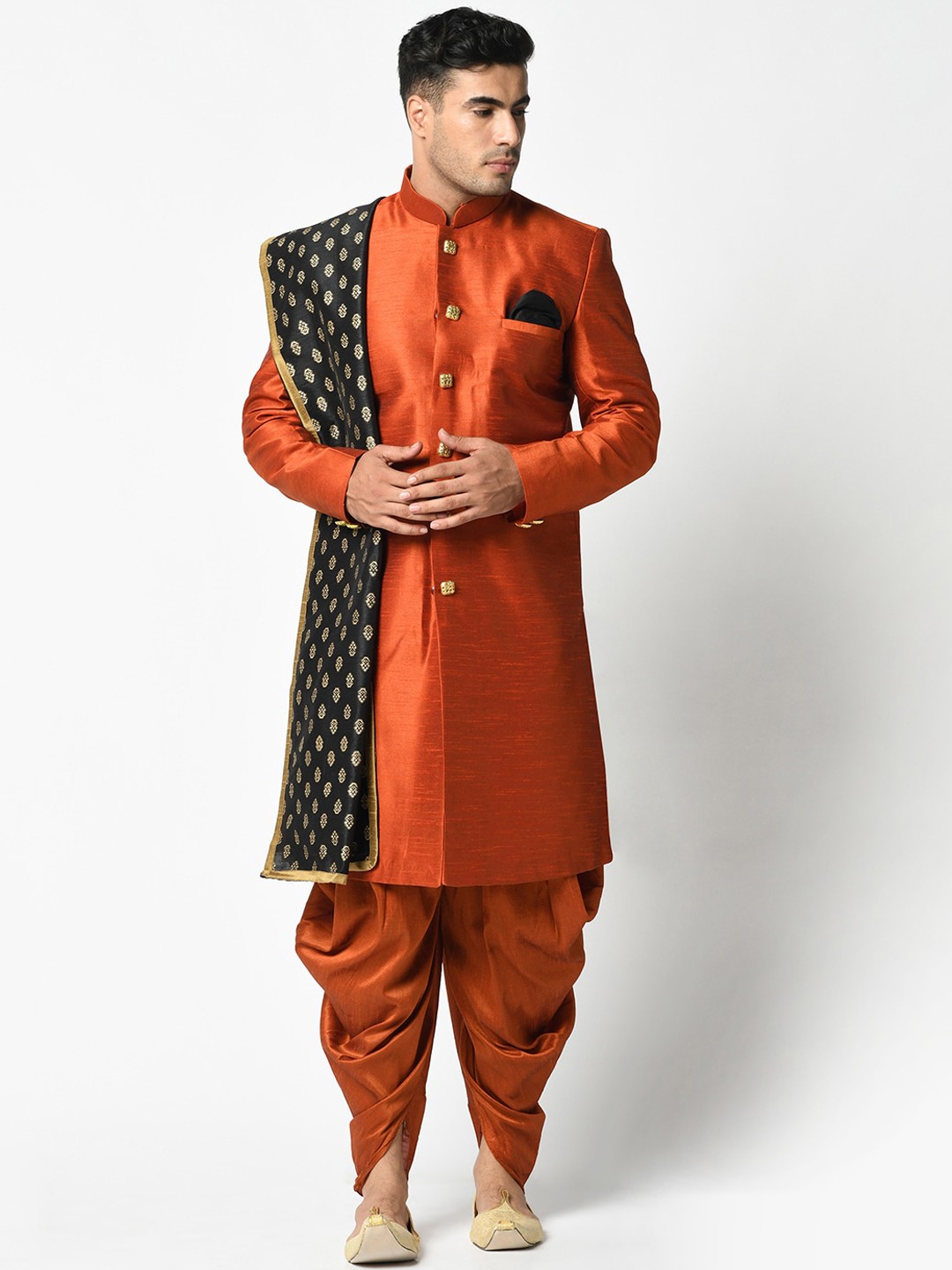

DEYANN Men Rust Orange Woven Design Dupion Silk Sherwani with Dhoti Pants & Dupatta