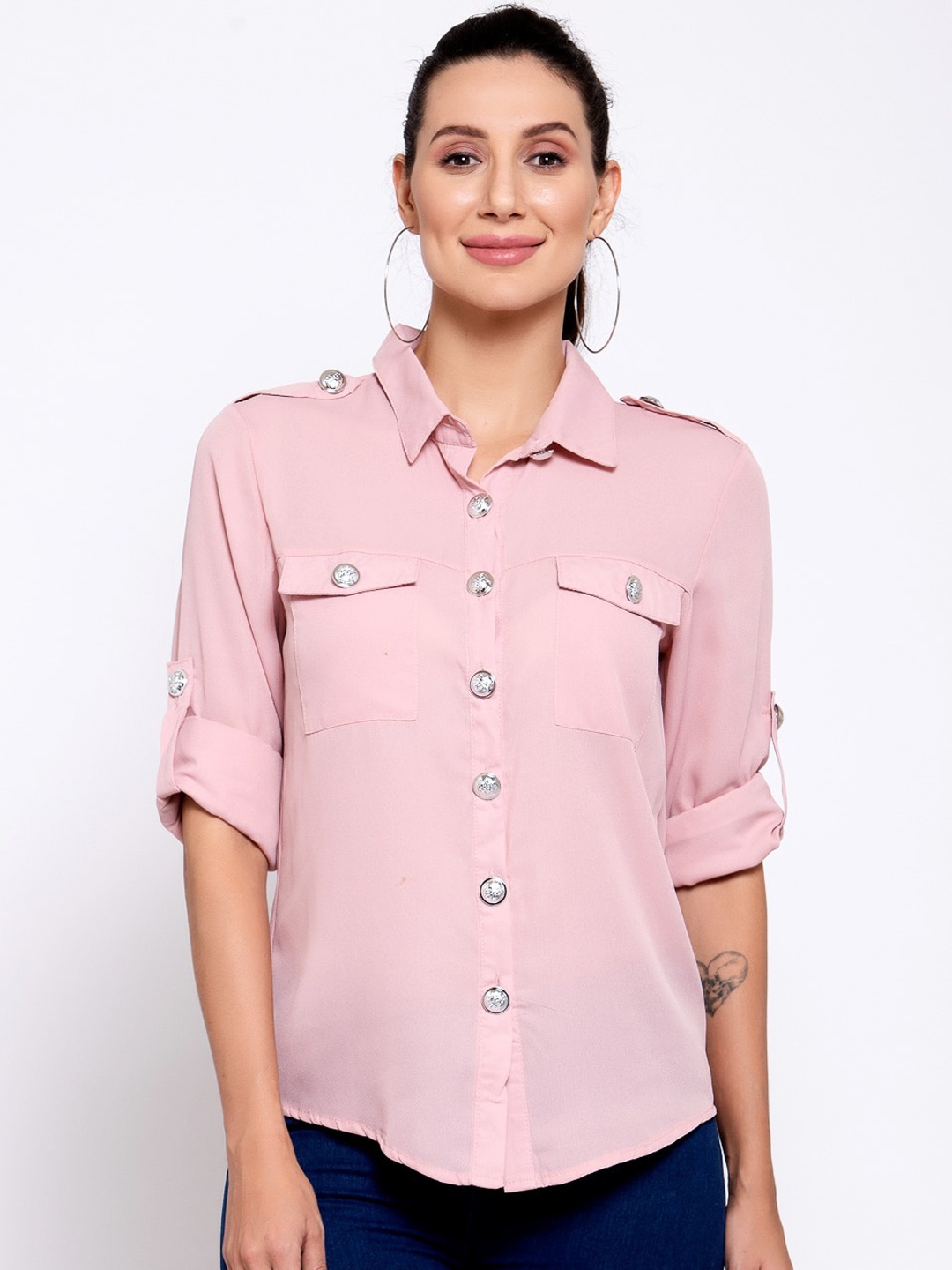 

iki chic Pink Roll-Up Sleeves Georgette Shirt Style Top