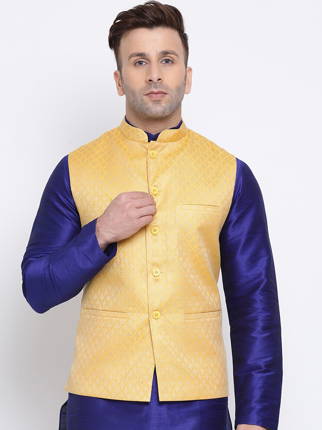 

NAMASKAR Men Gold-Toned & Yellow Woven-Design Nehru Jacket