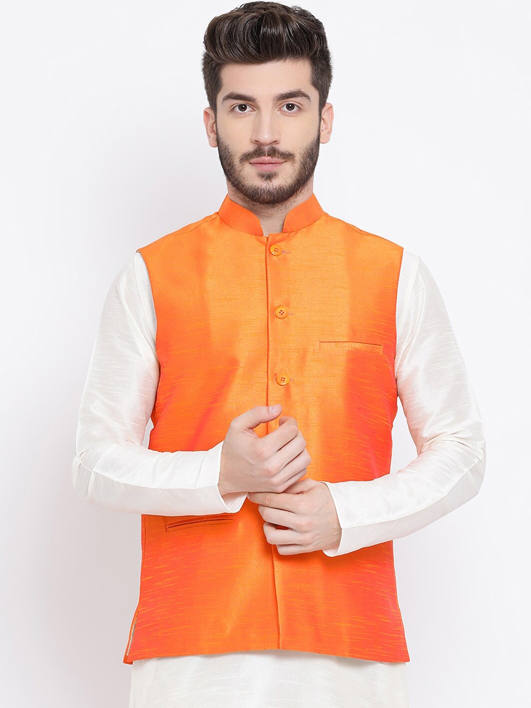 

NAMASKAR Men Orange Solid Pure Silk Woven Nehru Jacket