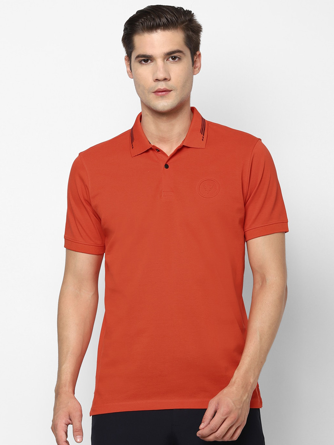 

Allen Solly Men Orange Solid Pure Cotton Polo Collar Pure Cotton T-shirt