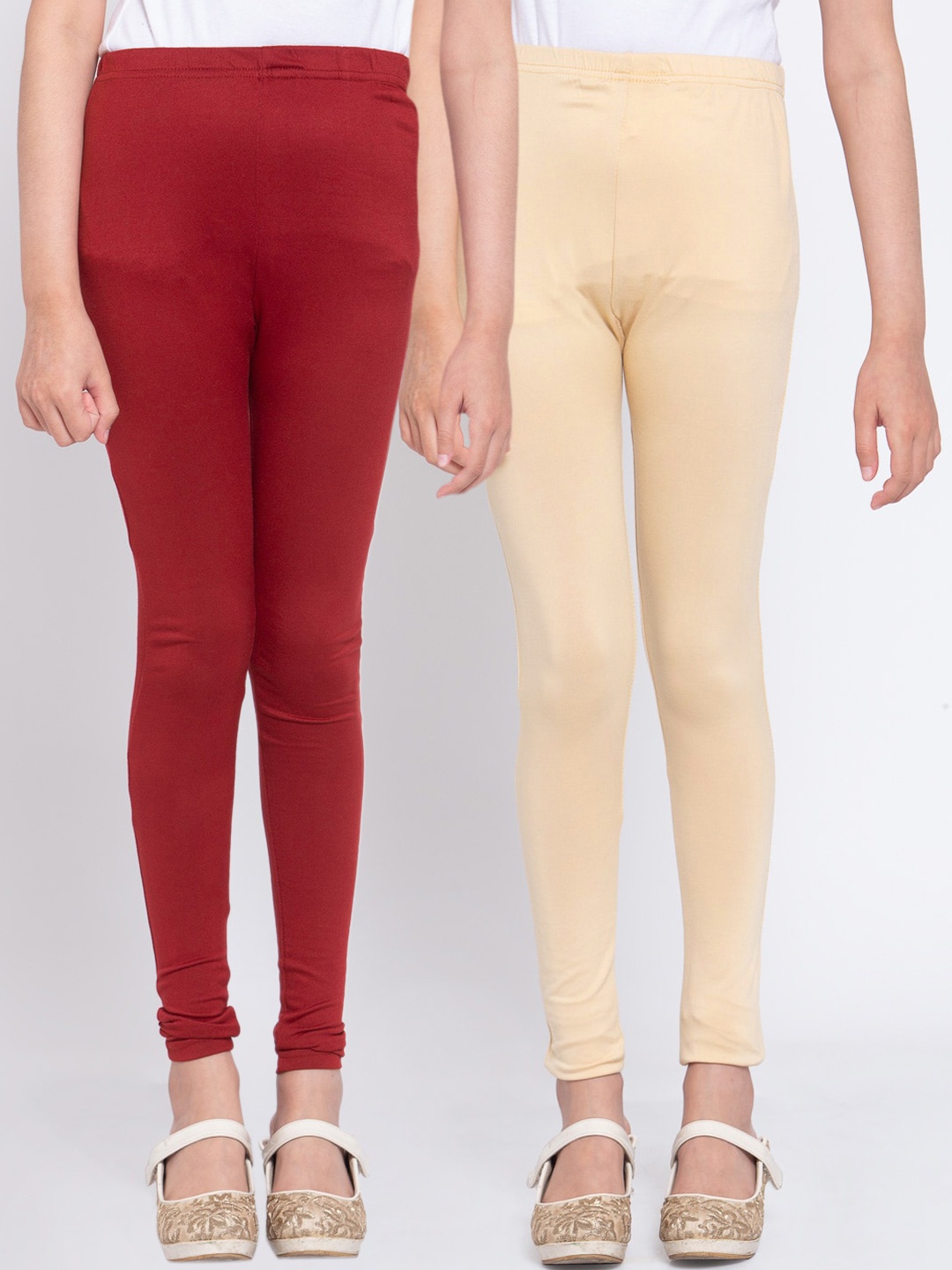 

KLOTTHE Girls Pack of 2 Beige & Maroon Solid Ankle-Length Leggings