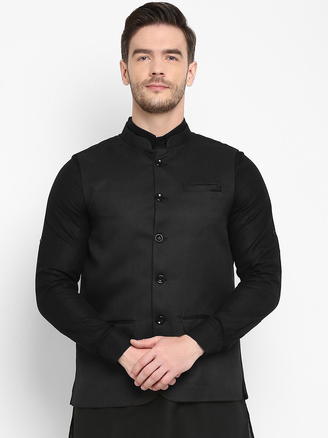 

hangup trend Men Black Solid Woven Nehru Jacket