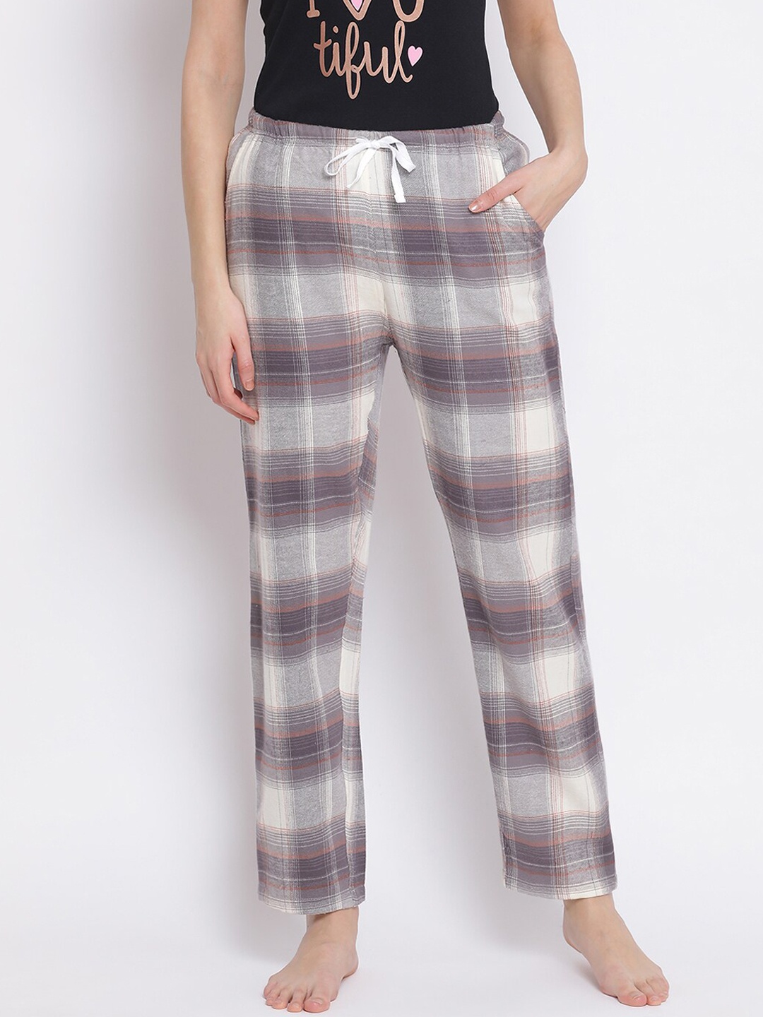 

Kanvin Women Off White & Grey Checked Cotton Lounge Pants