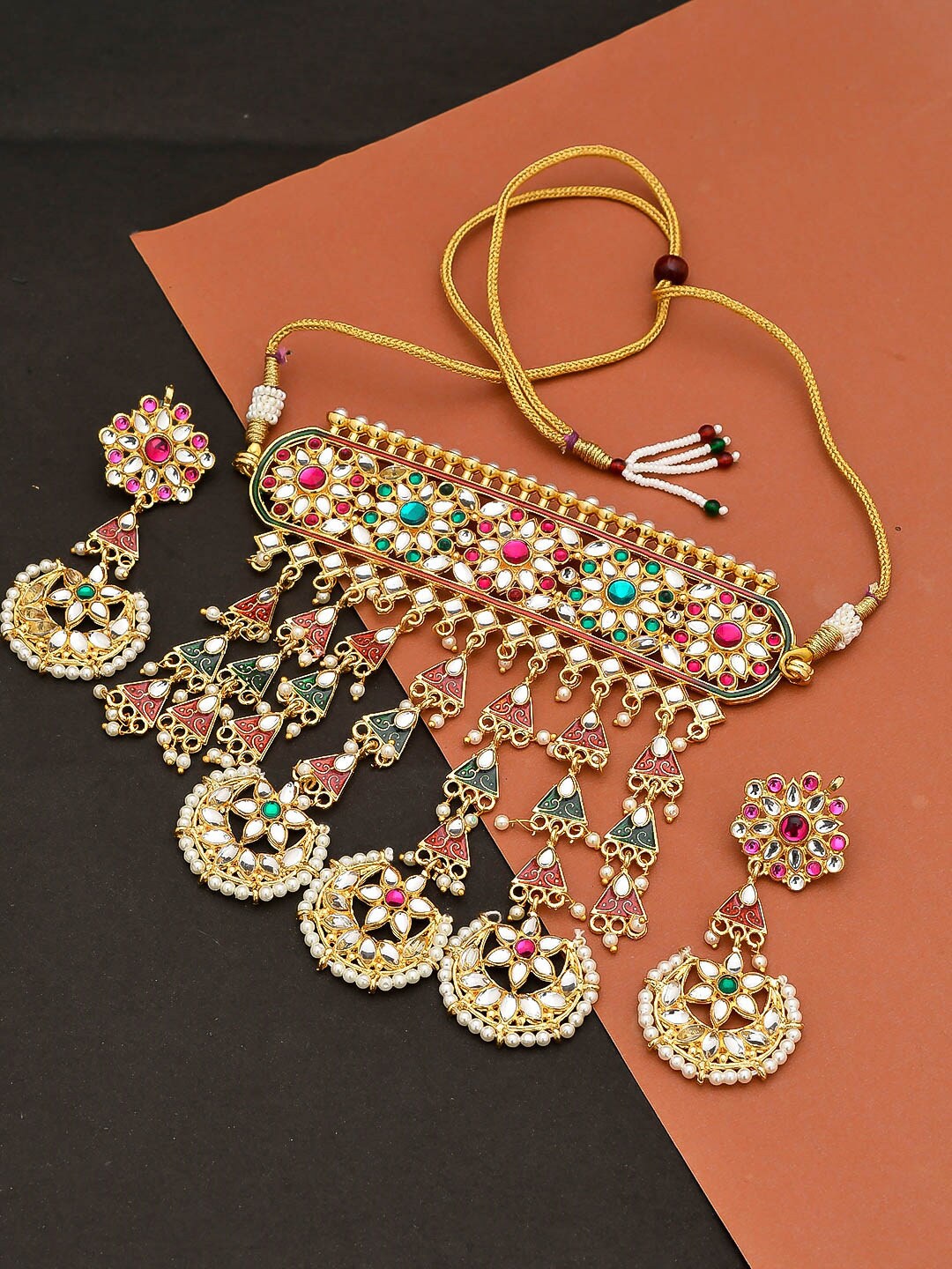 

Silvermerc Designs Gold-Plated Red & Green Stone-Studded & Beaded Meenakari Jewellery Set