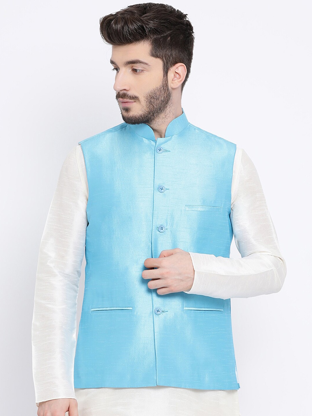 

NAMASKAR Men Blue Solid Woven Nehru Jacket