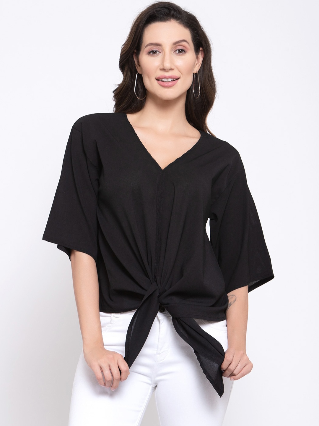 

iki chic Black Front Knot V -Neck Top