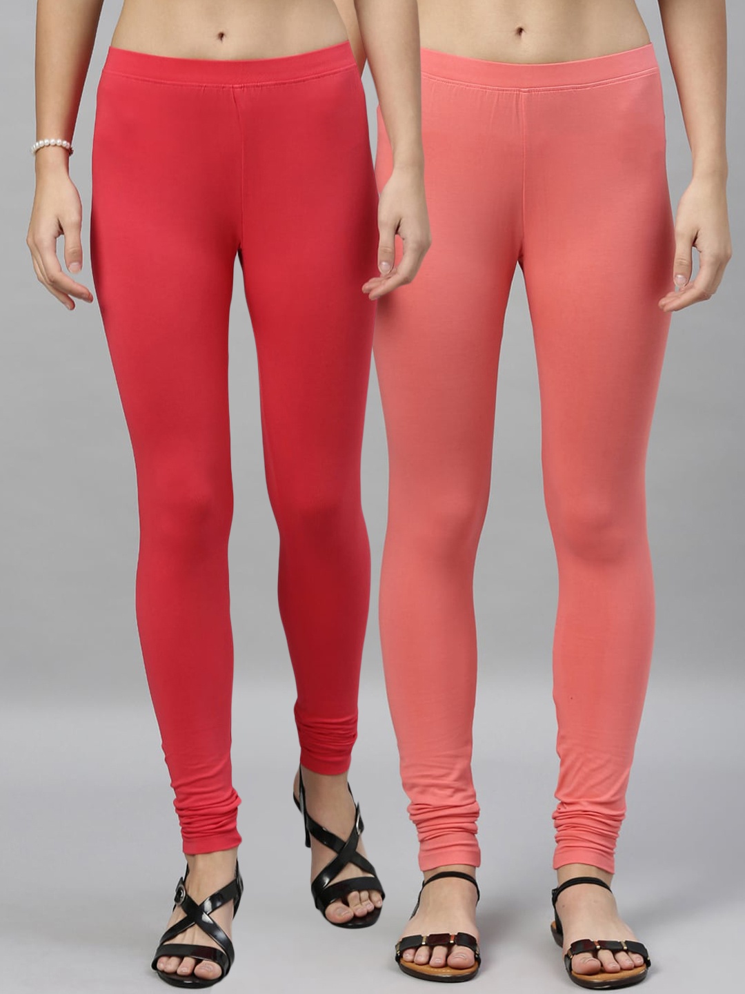 

Kryptic Women Pack of 2 Solid Churidar-Length Leggings, Coral