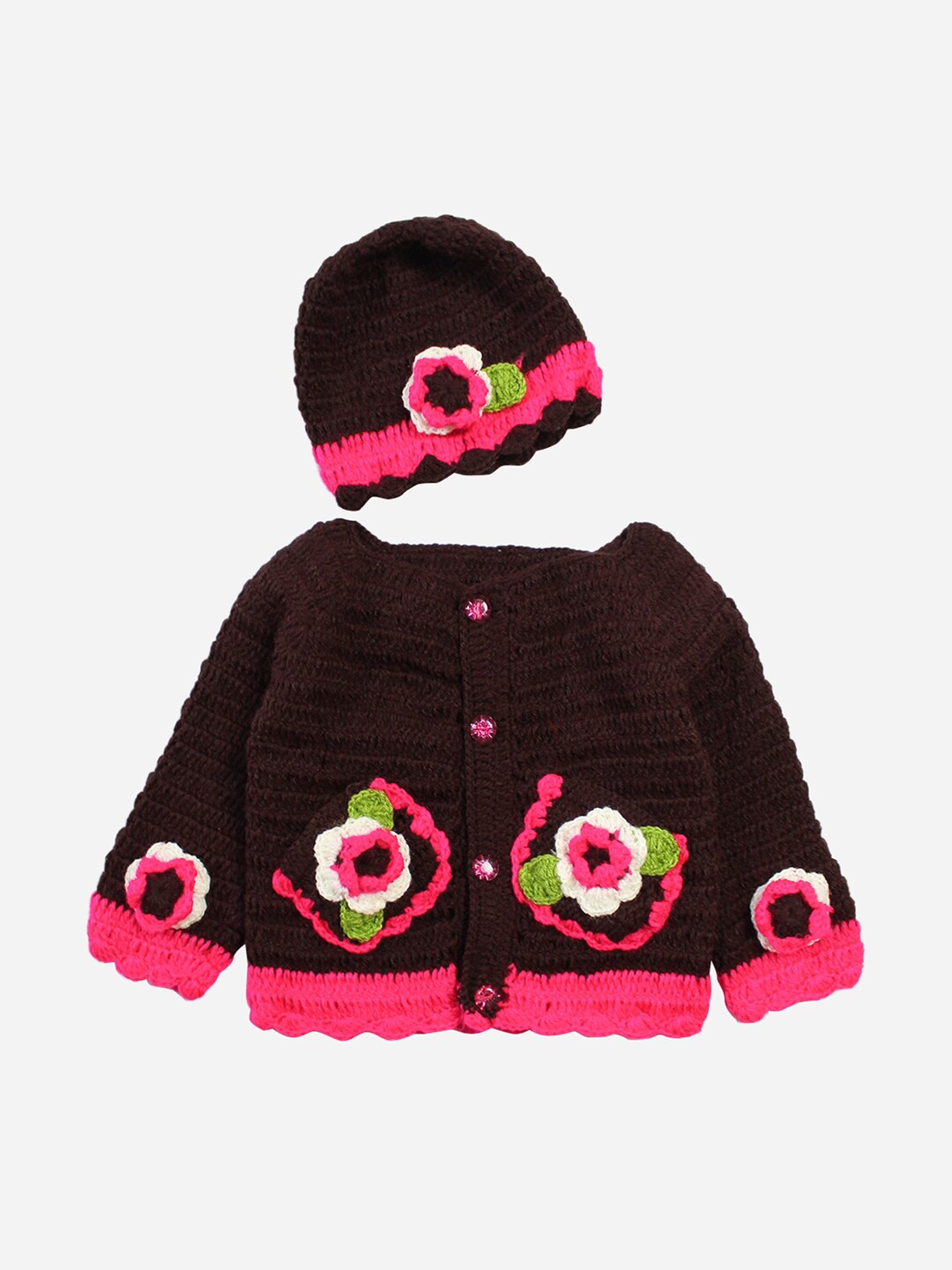 

Woonie Girls Brown Self Design Floral Cardigan Sweater